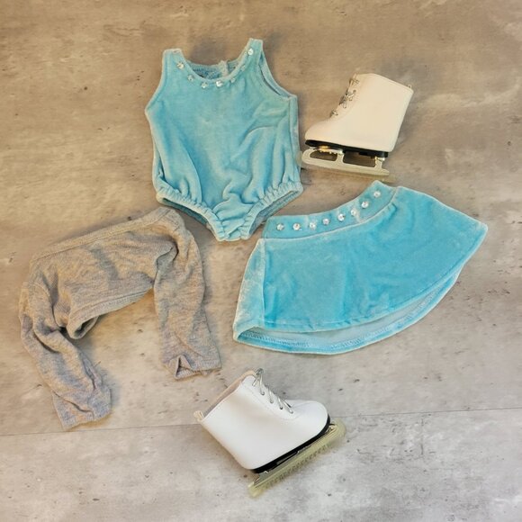 American Girl Doll 2 in 1 Ice Skating Outfit-Ice Skates Light Blue Velvet 18" - Picture 1 of 13